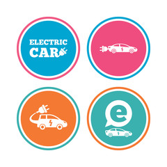 Electric car icons. Sedan and Hatchback transport symbols. Eco fuel vehicles signs. Colored circle buttons. Vector