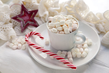Obraz na płótnie Canvas white Cup of cocoa on a saucer, marshmallows and candy