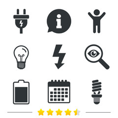 Electric plug icon. Fluorescent lamp and battery symbols. Low electricity and idea signs. Information, light bulb and calendar icons. Investigate magnifier. Vector