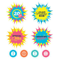 Shopping night, black friday stickers. Attention icons. Exclamation speech bubble symbols. Caution signs. Special offer. Vector