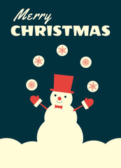 Christmas greeting card. Vector retro styled illustration of a snowman in a top hat and bow tie juggling with snowballs. Vertical format, dark background.