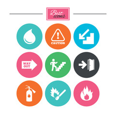 Fire safety, emergency icons. Fire extinguisher, exit and attention signs. Caution, water drop and way out symbols. Colorful flat buttons with icons. Vector