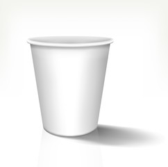 White realistic paper cup in front view. Vector template, 3d design. Fully editable handmade mesh. Disposable paper cup used for advertising different drinks.