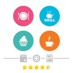 Food and drink icons. Muffin cupcake symbol. Plate dish with fork and knife sign. Hot coffee cup. Calendar, cogwheel and report linear icons. Star vote ranking. Vector