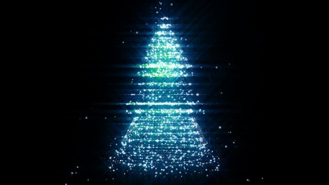 Christmas Tree Looped Background. Snowy blue rotating Christmas Trees of shiny particles and snowflakes. Decorative element with an alpha channel for your Christmas and New Year design.