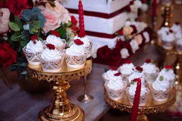 Candy bar, red colour, marsala. Table with wedding cake, sweets, candies, dessert, pops.