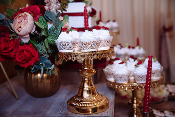 Fototapeta na wymiar Candy bar, red colour, marsala. Table with wedding cake, sweets, candies, dessert, pops.
