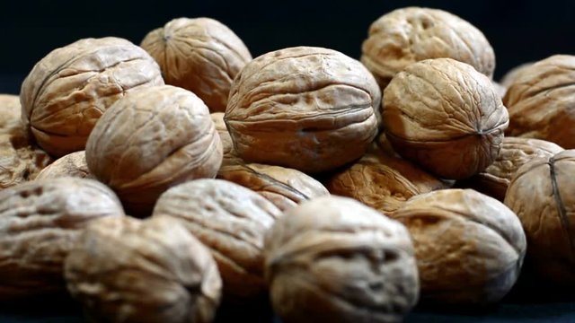 Fresh walnuts in shells, slow pan right.