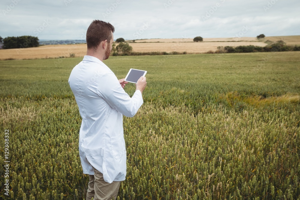 Poster agronomist using digital tablet in the field
