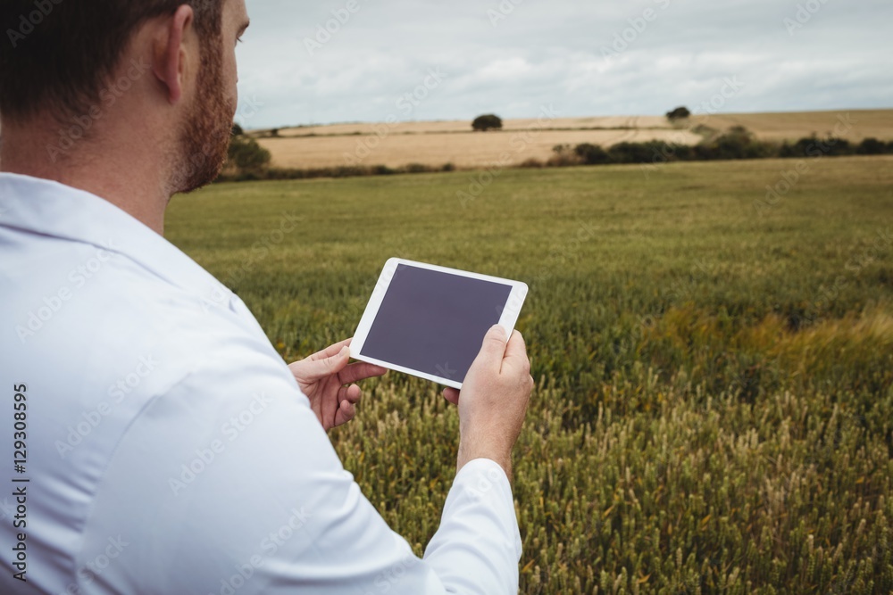 Poster agronomist using digital tablet in the field
