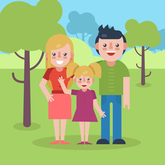 Young parents flat vector illustration. Young family on natural park background. Mother, father and daughter flat illustration. Family vector. Parents with child.