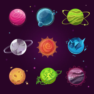 Planet icons for game design. Fantasty game planets set. Set of cartoon fantastic planets on space background. Fantasy alien planets set