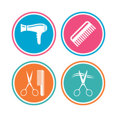 Hairdresser icons. Scissors cut hair symbol. Comb hair with hairdryer sign. Colored circle buttons. Vector