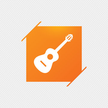 Acoustic guitar sign icon. Music symbol. Orange square label on pattern. Vector