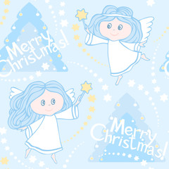 Seamless pattern with angels and Christmas trees