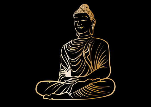 Drawing of a Buddha statue. Art vector illustration of Gautama - gold line art on a black background. Buddhism Religion
