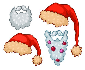 Vector set of Christmas hats and beards. Funny items for Christmas