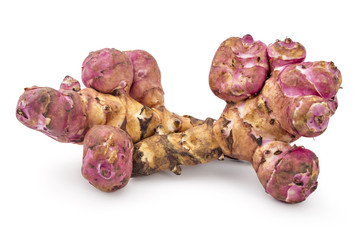 Pair of fresh raw Jerusalem artichoke isolated on white background