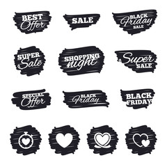 Ink brush sale stripes and banners. Heart ribbon icon. Timer stopwatch symbol. Love and Heartbeat palpitation signs. Black friday. Ink stroke. Vector