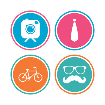Hipster photo camera with mustache icon. Glasses and tie symbols. Bicycle family vehicle sign. Colored circle buttons. Vector