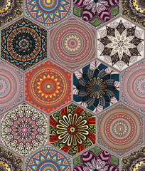 Oriental seamless pattern in style of colorful floral patchwork boho chic with mandala in hexagon elements