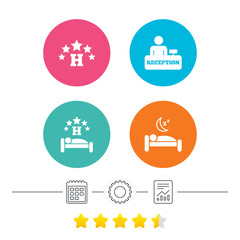 Five stars hotel icons. Travel rest place symbols. Human sleep in bed sign. Hotel check-in registration or reception. Calendar, cogwheel and report linear icons. Star vote ranking. Vector