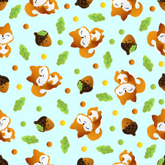 seamless pattern with smiling squirrel with acorns and oak leaves on a turquoise background 