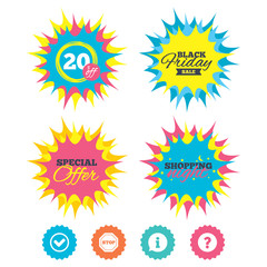 Shopping night, black friday stickers. Information icons. Stop prohibition and question FAQ mark signs. Approved check mark symbol. Special offer. Vector