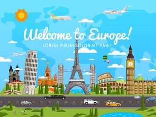 Welcome to Europe poster with famous attractions vector illustration. Travel concep with Eiffel Tower, Leaning Tower, Big Ben, Kremlin, Coliseum. Time to travel, worldwide traveling, cityscape design © studioworkstock