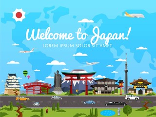 Welcome to Japan poster with famous attractions vector illustration. Travel design with Torii gate, Fujiyama mountain, Buddha, ancient temple, pagoda. Worldwide traveling, time to travel concept