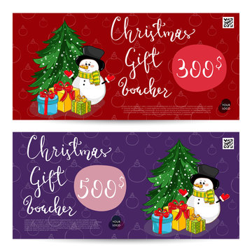 Christmas gift voucher template. Gift coupon with Xmas attributes and prepaid sum. Cute snowman, wrapped gifts, christmas tree toys cartoon vectors. Merry Christmas and Happy New Year greeting card
