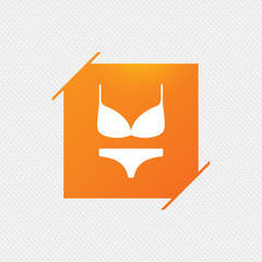 Women bra and panties sign icon. Intimates underwear symbol. Orange square label on pattern. Vector