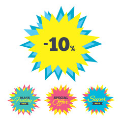 Sale stickers and banners. 10 percent discount sign icon. Sale symbol. Special offer label. Star labels. Vector