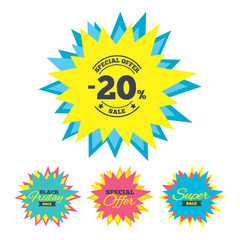 Sale stickers and banners. 20 percent discount sign icon. Sale symbol. Special offer label. Star labels. Vector