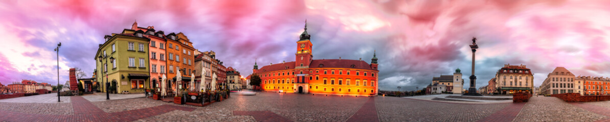Warsaw Royal Castle Square sunrise skyline, Poland. 360 degree pnanoram from 28 images with post processing effects