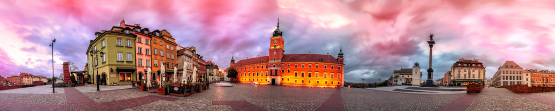 Fototapeta Warsaw Royal Castle Square sunrise skyline, Poland. 360 degree pnanoram from 28 images with post processing effects