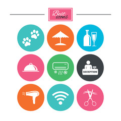 Hotel, apartment services icons. Wifi internet sign. Pets allowed, alcohol and air conditioning symbols. Colorful flat buttons with icons. Vector
