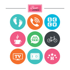 Hotel, apartment services icons. Coffee sign. Phone call, kid-friendly and safe strongbox symbols. Colorful flat buttons with icons. Vector