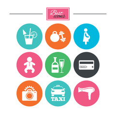 Hotel, apartment service icons. Fitness gym. Alcohol cocktail, taxi and hairdryer symbols. Colorful flat buttons with icons. Vector