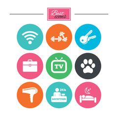 Hotel, apartment service icons. Wi-fi internet. Reception, pets allowed and hairdryer symbols. Colorful flat buttons with icons. Vector