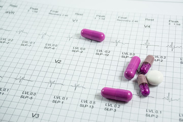 Heap of medicine pills on medical report. Selective focus.