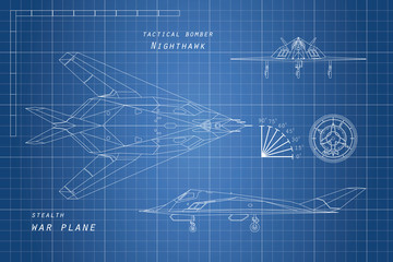 Drawing of military aircraft. Top, side, front views. War plane.