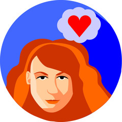 Trendy woman is dreaming about love. Flat Style.Redhead Girl on
