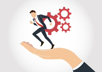 hand holding Businessman running with gear vector