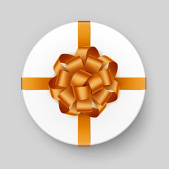 Vector White Round Gift Box with Shiny Yellow Golden Bow and Ribbon Top View Isolated on Background