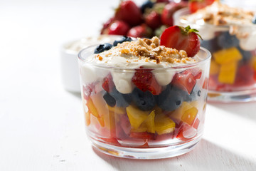 Assorted fresh fruit with custard on white background