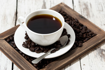 cup of coffee on a wooden tray