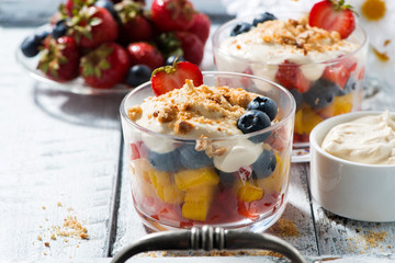 fresh fruit dessert with custard in glasses, closeup