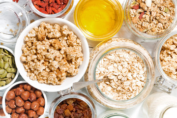 fresh ingredients for healthy breakfast, top view