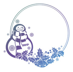 Gradient frame with funny snowman, holly berries and Christmas bells